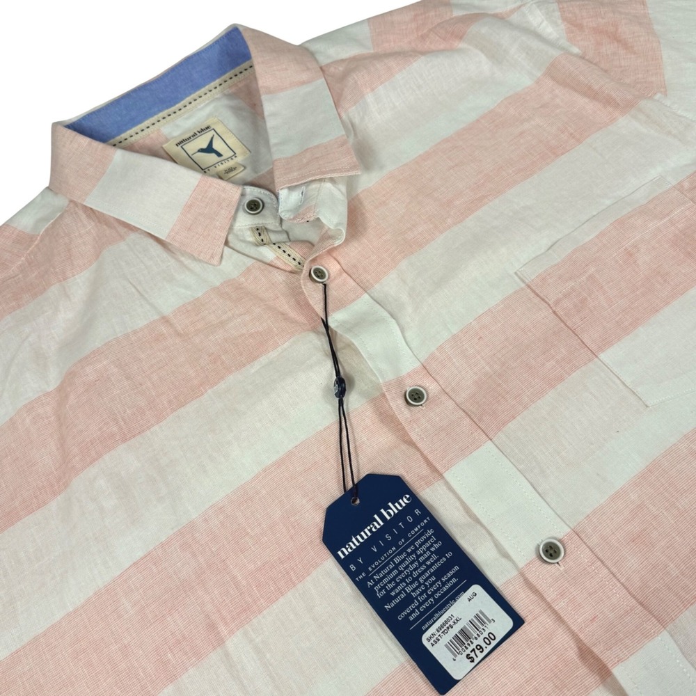 Natural Blue Button Up‎ Shirt XXL Peach White Striped Linen Cotton Short Sleeve